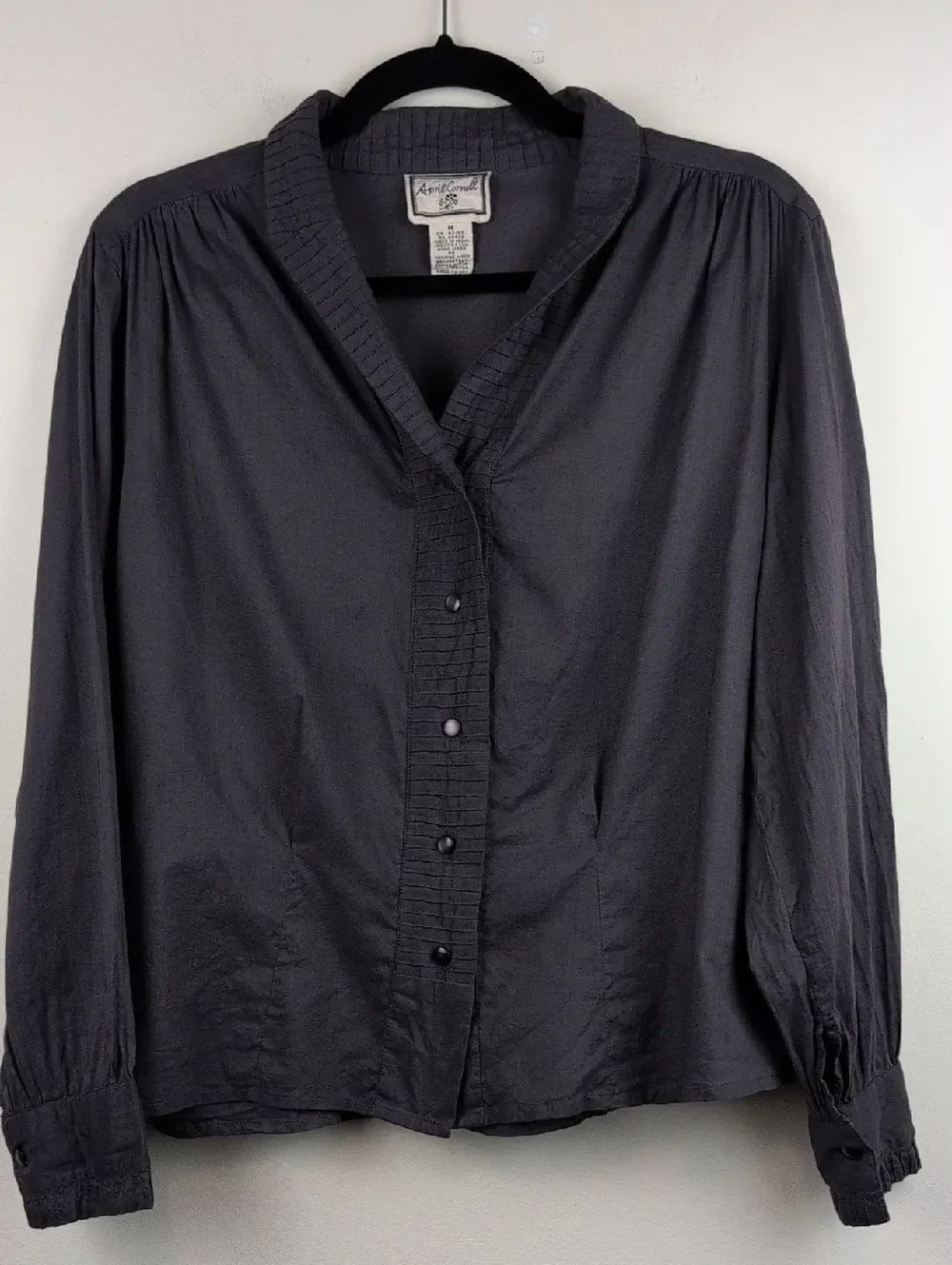 April Cornell Pleated-Trim Button Front Shawl Collar Blouse Cotton Dark Eggplant